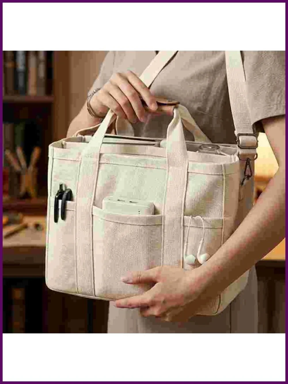 Multi Pocket Shoulder Bag Tote with Compartments - Picture 6 of 8